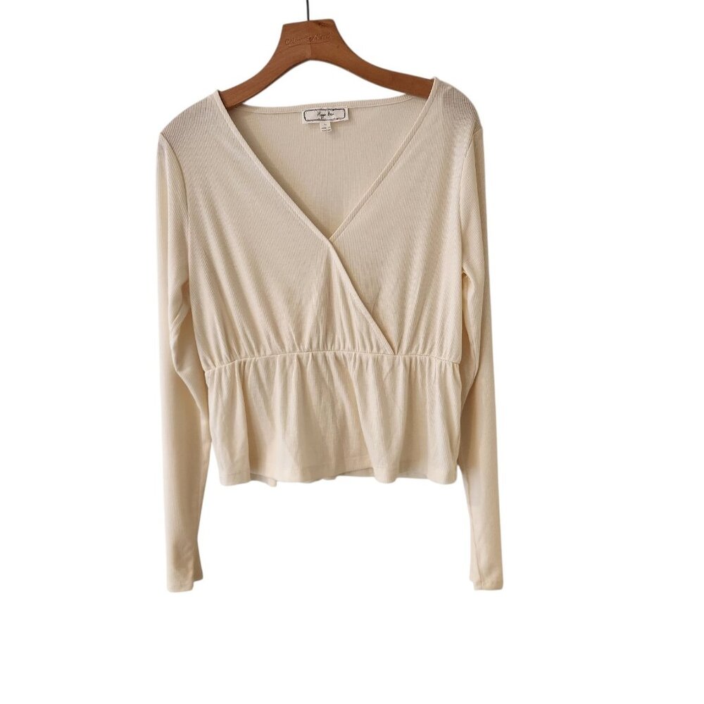 Hippie Rose Surplice V-Neck Top Ribbed Hem Ivory Long Sleeve Juniors Large